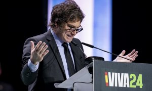 El presidente de Argentina, Javier Milei, interviene durante el acto de Vox en Madrid, a 19 de mayo de 2024.