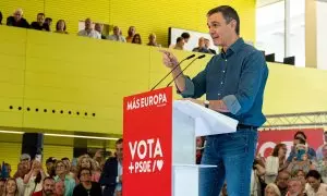 El presidente del Gobierno, Pedro Sánchez, interviene en el mitin, a 25 de mayo de 2024, en Sevilla.