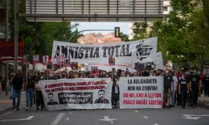 Manifestación de apoyo al rapero Pablo Hasel que lleva tres meses en prisión, a 15 de mayo de 2021, en Lleida, Cataluña, (España). La protesta, convocada por Plataforma Llibertat bajo el lema '3 meses sin pablo Hasel'