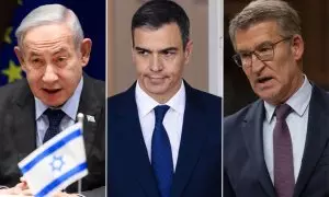 Montaje con imágenes de Benjamín Netanyahu, Pedro Sánchez y Alberto Núñez Feijóo de Europa Press.