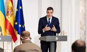 El presidente del Gobierno, Pedro Sánchez, durante una rueda de prensa posterior a un encuentro con el presidente de Ucrania.