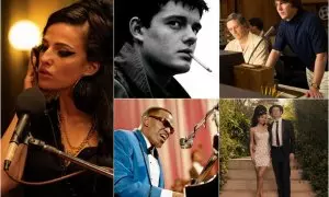 Imágenes de películas sobre cantantes. 'Back to Black' (izquierda y abajo derecha ), 'Control' (arriba centro), 'Ray' (abajo centro) y 'Love & Mercy' (arriba derecha)