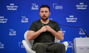 El presidente de Ucrania, Volodimir Zelensky, durante su intervención en el foro de Singapur.