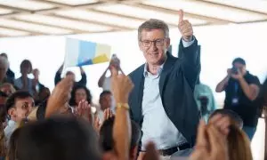 El presidente del PP, Alberto Núñez Feijóo, interviene en un mitin en Santa Cruz de Tenerife con motivo de las próximas elecciones al Parlamento Europeo.