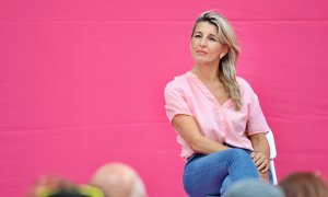 La vicepresidenta primera, Yolanda Díaz, participa en un acto de campaña en Sumar, en la plaza de la Universidad, a 30 de mayo de 2024, en Valladolid, Castilla y León (España).