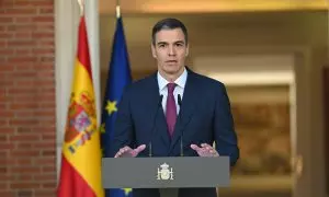 Foto de archivo de la comparecencia de Pedro Sánchez, en el Palacio de la Moncloa, en la que anunció su continuación al frente del Gobierno después de sus cinco días de reflexión.