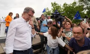 El presidente del PP, Alberto Núñez Feijóo, durante un mitin de cierre de campaña del Partido Popular para las elecciones europeas.