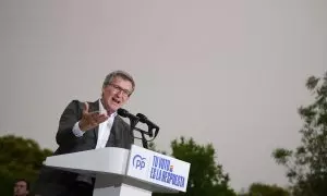 El presidente del PP, Alberto Núñez Feijóo, interviene durante un mitin de cierre de campaña del Partido Popular, en el Auditorio Parque de Cabecera, a 7 de junio de 2024, en Valencia, Comunidad Valenciana (España).