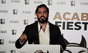 El agitador ultra Alvise Pérez, durante la rueda de prensa posterior al recuento de las elecciones europeas.