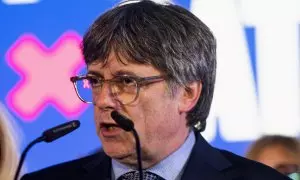 El expresident de la Generalitat de Catalunya Carles Puigdemont durante la jornada electoral de las elecciones catalanas en Argelès (Francia).