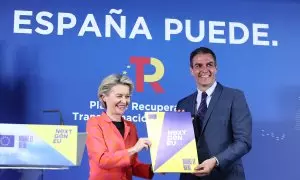 El presidente del Gobierno, Pedro Sánchez, reunido en Madrid con la presidenta de la Comisión Europea, Ursula von der Leyen, con motivo de la aprobación del Plan de Recuperación, Transformación y Resiliencia español.