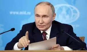 El presidente ruso, Vladimir Putin, en el encuentro en el que ha presentado su propuesta de paz para Ucrania, a 14 de junio de 2024-