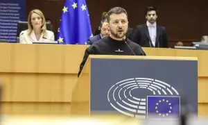 El presidente de Ucrania, Volodimir Zelenski, durante una intervención en Bruselas el pasado año.