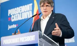 17/06/2024 Carles Puigdemont durante una rueda de prensa para valorar los resultados de las elecciones catalanas, a 13 de mayo de 2024, en Argelès (Francia).