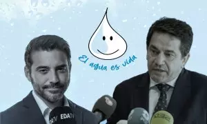 19/06/2024 Javier Negre, presidente del portal 'Estado de alarma', y Miguel Ángel Valverde, presidente de la Diputación de Ciudad Real, junto a la imagen de una campaña de publicidad de esta institución.