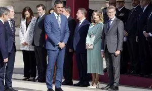 Pedro Sánchez, Alberto Núñez Feijóo o el presidente del CGPJ, Vicente Guilarte, junto a otras autoridades el pasado 8 de mayo.