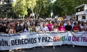 Líderes políticos y activistas encabezan la marcha del Orgullo LGTBI+ 2024 en Madrid bajo el lema ‘Educación, derechos y paz’.