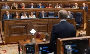 Pedro Sánchez y los integrantes del Gobierno observan a Alberto Núñez Feijóo en el Congreso el pasado 26 de junio.