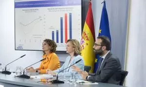 Carlos Cuerpo, Pilar Alegría y María Jesús Montero, este martes en Moncloa durante la rueda de prensa ofrecida tras el Consejo de Ministros.