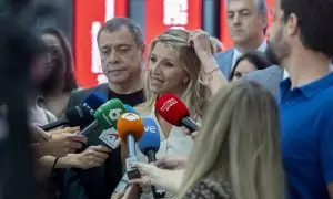 La vicepresidenta segunda del Gobierno y ministra de Trabajo y Economía Social, Yolanda Díaz, atiende a los medios, a 22 de julio de 2024, en Madrid.