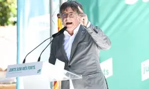 Carles Puigdemont durante el cuarto aniversario de Junts.