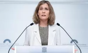 La líder de los comuns en el Parlament, Jéssica Albiach, ofrece una rueda de prensa tras reunirse con el presidente del Parlament durante una ronda de consultas para proponer un candidato a la Presidencia de la Generalitat, en el Parlament, a 18 de junio