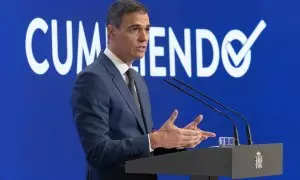 31 de julio de 2024. El presidente del Gobierno, Pedro Sánchez, comparece para hacer balance del curso político, en el Complejo de la Moncloa, a 31 de julio de 2024.