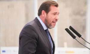 Óscar Puente, interviene durante la inauguración de la autopista ferroviaria Valencia-Madrid, en el Puerto de Valencia, a 22 de julio de 2024.