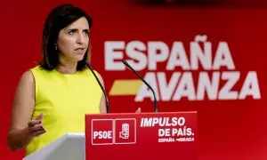 15 de julio de 2024. La portavoz del PSOE, Esther Peña, ante los medios tras la reunión de la Ejecutiva Federal del PSOE, a 15 de julio de 2024..