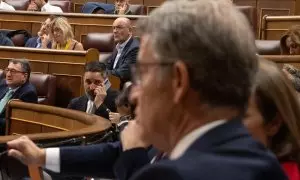 El líder de Vox, Santiago Abascal, observa al presidente del PP, Alberto Núñez Feijóo, en el Congreso el pasado mes de julio.