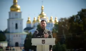 Zelenski durante los actos de conmemoración del 33 aniversario de la independencia de Ucrania.