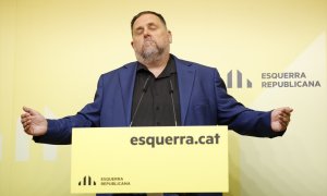 Foto de archivo del expresidente de ERC, Oriol Junqueras, durante una rueda de prensa en Barcelona.