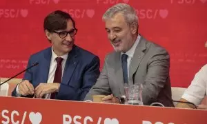 Salvador Illa, primer secretario del Partit dels Socialistes de Catalunya y presidente de la Generalitat de Catalunya, junto a Jaume Collboni, alcalde de Barcelona, durante la reunión de la comisión ejecutiva del PSC. EFE/ Toni Albi