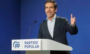 El portavoz del PP, Borja Sémper, durante una rueda de prensa posterior a la reunión del Comité de Dirección del PP, en la sede de la calle Génova, a 26 de agosto de 2024, en Madrid (España).