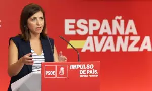 La portavoz de la Ejecutiva del PSOE, Esther Peña, este lunes en la rueda de prensa celebrada en Ferraz.