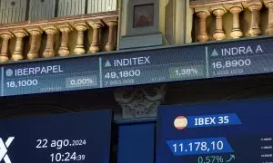 Paneles del IBEX en el Palacio de la Bolsa de Madrid, a 22 de agosto de 2024.