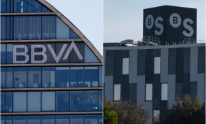 Los logos de BBVA y de Banco Sabadell en sus respectivas sedes en la zona norte de Madrid, y en San Cugat del Vallés (Barcelona). E.P.