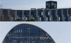 Los logos de BBVA y de Banco Sabadell en sus respectivas sedes en la zona norte de Madrid, y en San Cugat del Vallés (Barcelona). E.P.