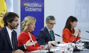 Ernest Urtasun, Pilar Alegría, Félix Bolaños y Ana Redondo, este martes en la rueda de prensa celebrada tras el Consejo de Ministros.