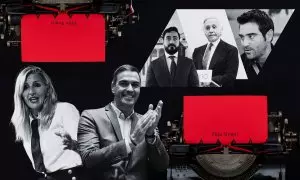 Ilustración de Yolanda Díaz, Pedro Sánchez, Eduardo Inda, Alvise Pérez y Javier Negre.