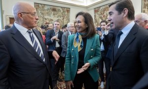 La presidenta del Banco Santander, Ana Patricia Botín (c), con el presidente del Banco Sabadell, Josep Oliú (i), y el del BBVA, Carlos Torres (d), en el acto de posesión de José Luis Escrivá como nuevo gobernador del Banco de España. E.P./Alberto Ortega /