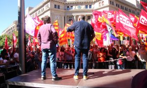 26/09/2024 - La concentració d'UGT i CCOO de Catalunya davant la seu de Foment del Treball.