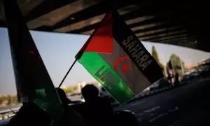 Una de las personas que apoya a los saharauis retenidos con una bandera del 'Sahara Libre', en la Terminal T1 de Barajas, a 23 de septiembre de 2024, en Madrid.