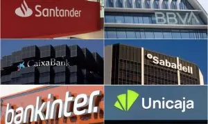 Los logos de los seis mayores bancos españoles: Santander, BBVA, CaixaBank, Sabadell, Bankinter y Unicaja Banco.