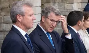 El presidente de la Xunta, Alfonso Rueda, junto al presidente del PP, Alberto Núñez Feijóo, a 25 de julio de 2024, en Santiago de Compostela.