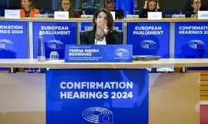 La vicepresidenta designada de la Comisión Europea para una Transición Limpia, Justa y Competitiva, Teresa Ribera, durante su audiencia ante el Parlamento Europeo para la confirmación de su nombramiento. Philippe BUISSIN/Parlamento Europeo