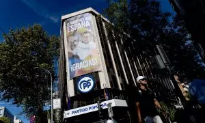 Exterior de la sede del Partido Popular en la calle Génova, a 2 de octubre de 2023, en Madrid.