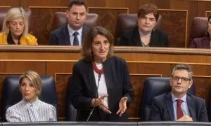 La vicepresidenta tercera y ministra para la Transición Ecológica, Teresa Ribera, interviene durante la sesión de control al Gobierno de este miércoles