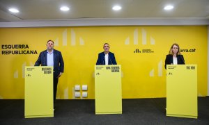 Els tres candidats presidenciables a ERC en un debat a la seu nacional del partit.