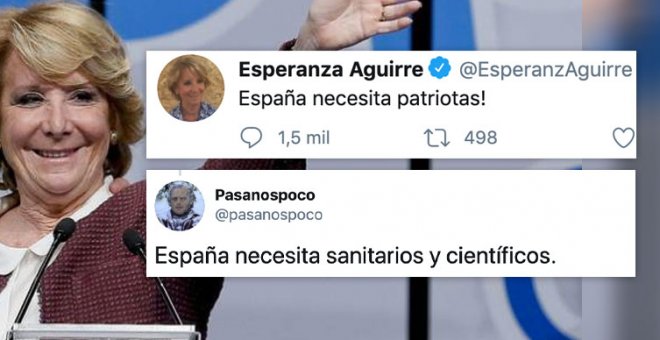 Aguirre dice que "España necesita patriotas" y los tuiteros le responden: "Le cambio cinco patriotas por un sanitario"